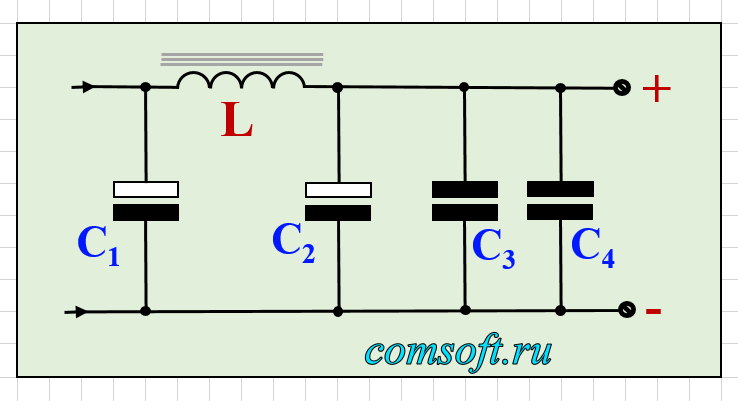 Схема сглаживающего однозвенного П – образного фильтра питания с  дополнительными параллельными конденсаторами