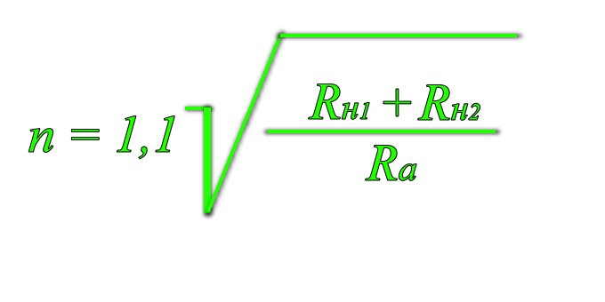 Формула для расчета коэффициента трансформации для последовательного включения нагрузки выходного трансформатора, с двумя нагрузками при прямопропорциональном соотношении сопротивлений и мощностей