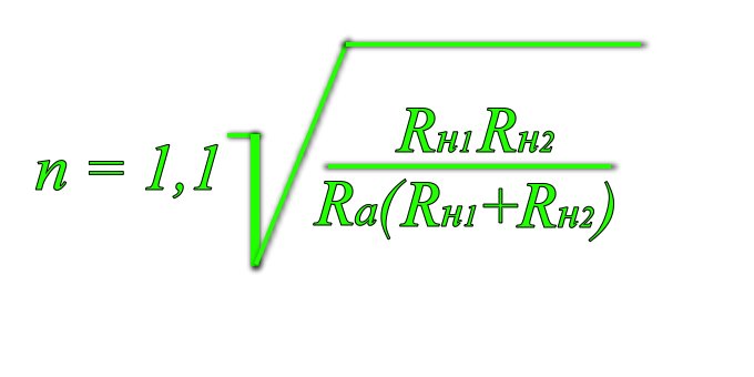 Формула для расчета коэффициента трансформации для последовательного включения нагрузки выходного трансформатора, с двумя нагрузками при обратнопропорциональном соотношении сопротивлений и мощностей
